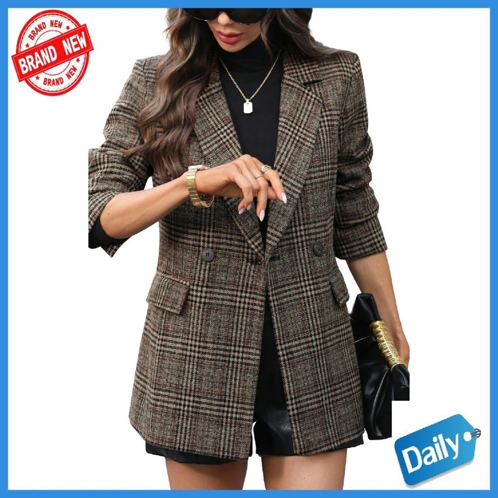 Women's Slim-Fit Tweed Blazer Double-Breasted Plaid Work Jacket